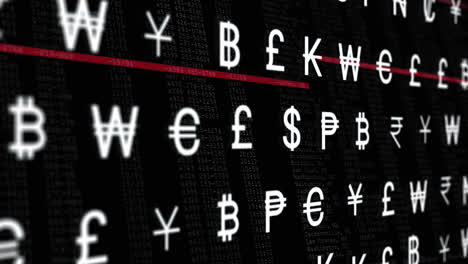 Animation-of-currency-symbols-over-data-processing-on-black-background