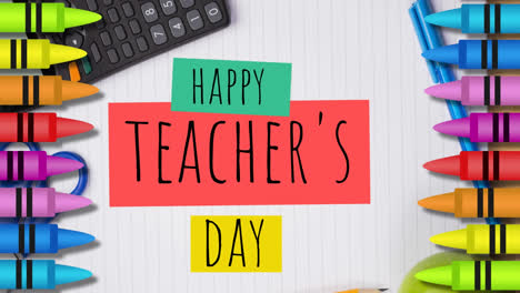 Animation-of-happy-teacher's-day-over-coloured-pencils-on-white-background