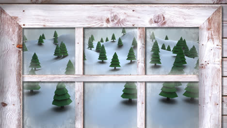 Wooden-window-frame-against-multiple-trees-on-winter-landscape