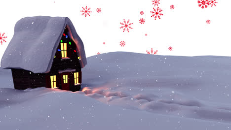 Animation-of-snow-falling-over-christmas-tree-and-house-with-christmas-fairy-lights-winter-scenery