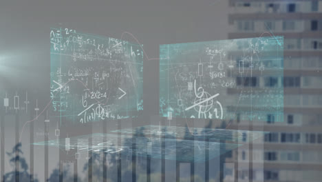 Statistische-Datenverarbeitung-Und-Bildschirme-Mit-Mathematischen-Gleichungen-Gegen-Hohe-Gebäude