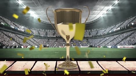 Animation-of-confetti-falling-over-gold-cup-in-sports-stadium