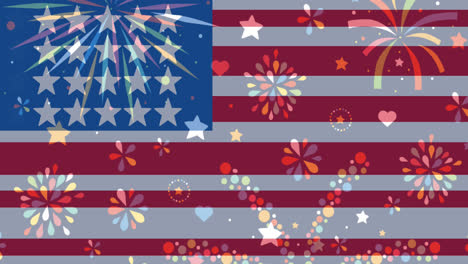 Animation-of-american-flag-and-fireworks-with-statistics-processing