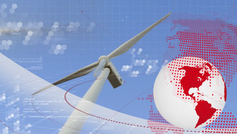 Animation-of-globe-and-world-map-data-processing-over-wind-turbine