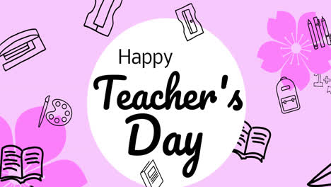 Animation-of-happy-teacher's-day-over-school-items-icons-and-flowers-on-pink-background
