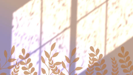 Animation-Von-Pflanzen-über-Blättern-Und-Fensterschatten-Auf-Orangefarbenem-Hintergrund