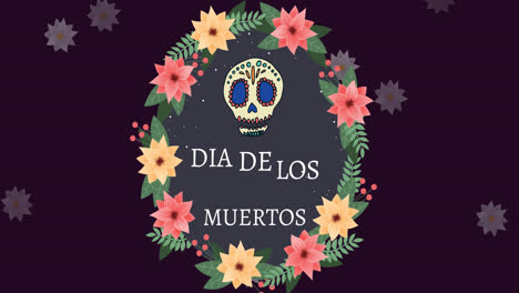 Animation-of-dia-de-los-muertos-and-skull-in-circle-of-flowers-on-brown-background