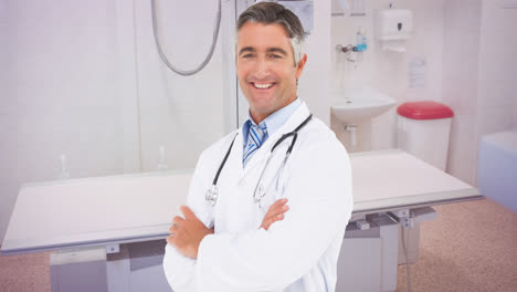 Animation-of-smiling-caucasian-male-doctor-with-stethoscope-over-blue-ribbon