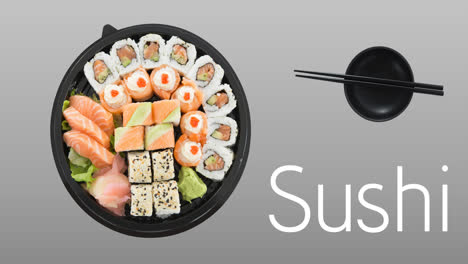 Animation-of-sushi-and-sushi-plate-with-sticks-on-grey-background