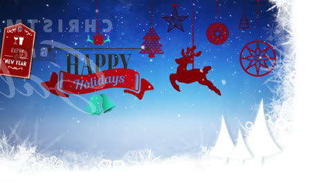 Animation-of-christmas-greetings,-snow-falling-over-christmas-decorations