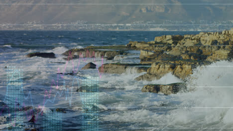 Statistische-Datenverarbeitung-Gegen-Meereswellen,-Die-Gegen-Die-Felsen-Schlagen