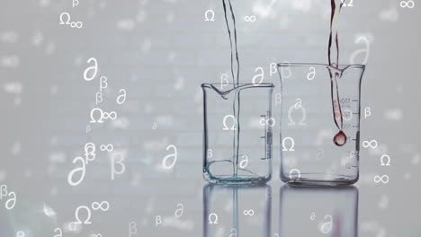 Animation-of-diverse-scientific-symbols-over-liquids-pouring-into-lab-glasses