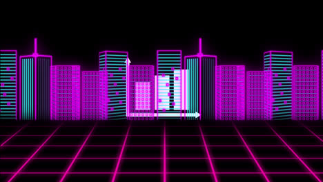 Animation-of-colorful-geometrical-shapes-and-cityscape-over-black-background