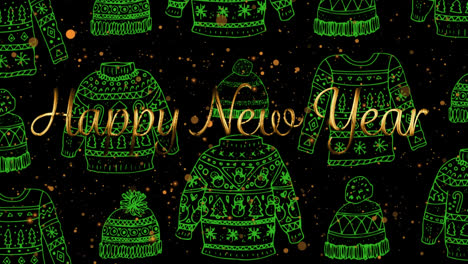 Animation-of-new-year-greetings-over-christmas-green-jumper-and-hat-pattern-in-background