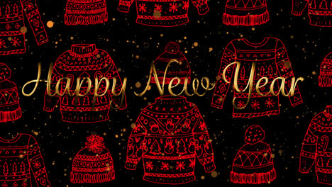 Animation-of-new-year-greetings-over-christmas-jumper-and-hat-pattern-in-background