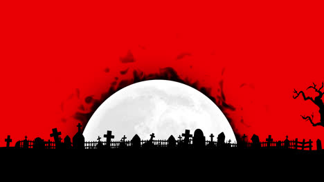 Animación-De-Llamas-Sobre-La-Luna-Y-El-Cementerio-De-Halloween-Sobre-Fondo-Rojo