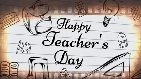Animation-Des-Glücklichen-Lehrertags-über-Schulartikel-Symbolen-Auf-Weißem-Hintergrund