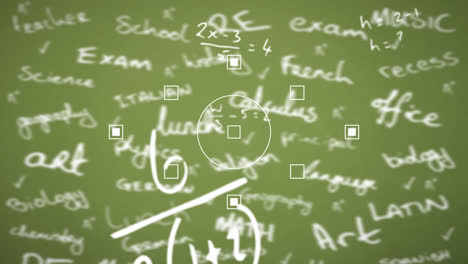 Animation-of-mathematical-equations-and-shapes-over-text-on-green-background