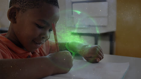 White-particles-and-globe-against-portrait-of-african-american-boy-studying-in-class-at-school
