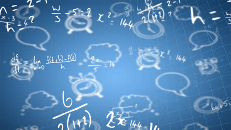 Animation-of-mathematical-equations-over-school-icons-on-blue-background