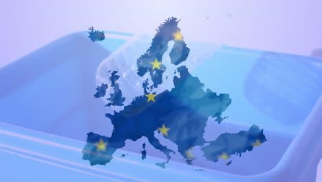 Animation-of-european-union-flag-stars-with-recycling-boxes-on-purple-background