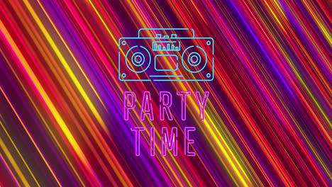 Animation-of-party-time-text-over-colourful-trails-on-black-background