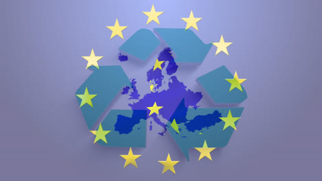 Animación-De-La-Bandera-De-La-Unión-Europea-Y-El-Mapa-De-Europa-Sobre-El-Signo-De-Reciclaje-Sobre-Fondo-Púrpura