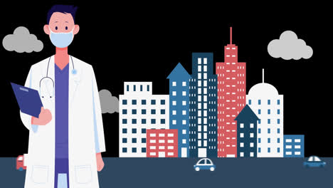 Female-doctor-icon-wearing-a-face-mask-icon-against-cityscape-on-black-background