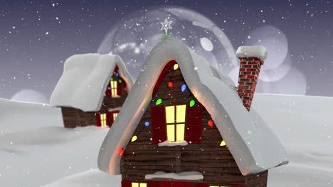 Animation-Von-Schnee,-Der-über-Einen-Weihnachtsbaum-In-Einer-Schneekugel-Fällt,-Und-Einer-Winterlandschaft-Mit-Häusern