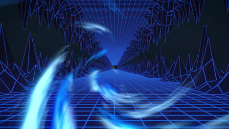 Animation-of-tunnel-made-of-blue-lights-moving-over-blue-and-black-metaverse-landscape