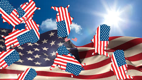 Animación-De-Estados-Unidos-Coloreada-Con-Bandera-Americana-Sobre-Nubes-Y-Bandera-Americana