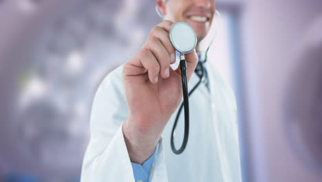 Animation-of-smiling-caucasian-male-doctor-with-stethoscope-over-blue-ribbon