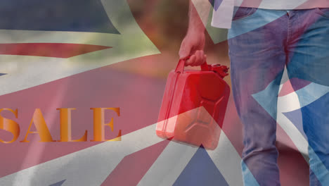 Animation-of-waving-uk-flag-over-man-carrying-fuel-canister