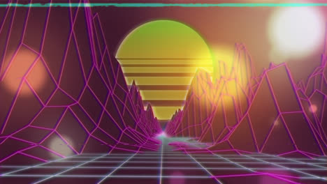 Animation-Einer-Digitalen-Landschaft-Und-Sonne-über-Einem-Gitter