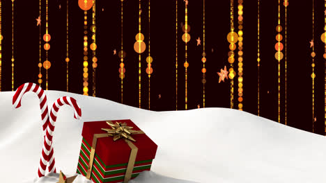 Animation-of-presents-and-christmas-candies-lying-on-snow-with-golden-lights-falling-in-background