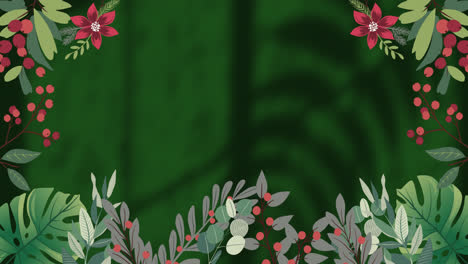 Animation-Von-Blumen-über-Blättern-Und-Fensterschatten-Auf-Grünem-Hintergrund
