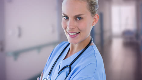 Animation-of-caucasian-female-nurse-smiling-over-blue-ribbon