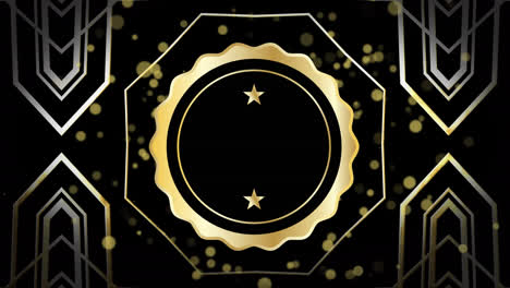 Animation-of-medal-with-stars-over-moving-golden-dots-and-geometric-shapes-on-black-background