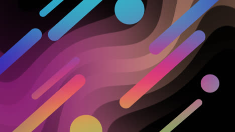 Animation-of-colourful-lines-and-circles-over-pink-and-orange-waves-on-black-background