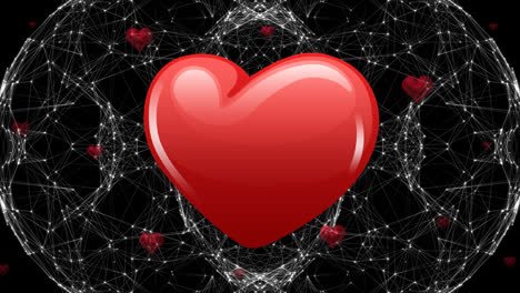 Animation-of-hearts-pulsating-over-globe-made-of-connections-on-black-background