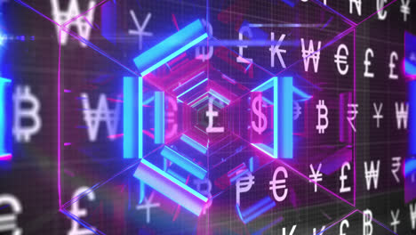 Animation-Von-Währungssymbolen-über-Einem-Neontunnel