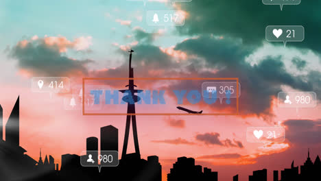 Animation-of-thank-you-text-and-media-icons-over-cityscape