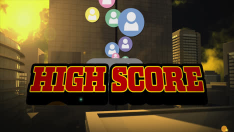 Animation-of-high-score-and-social-media-reactions-over-cityscape