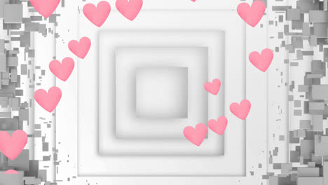 Multiple-pink-hearts-floating-against-concentric-squares-on-white-background