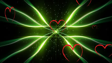 Animation-Von-Herzen,-Die-über-Grünen-Linien-Auf-Schwarzem-Hintergrund-Schweben