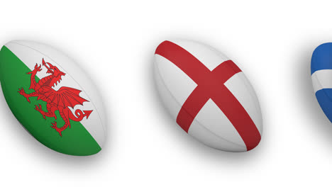 Animation-Von-Rugbybällen-Mit-Nationalflaggen-Auf-Weißem-Hintergrund
