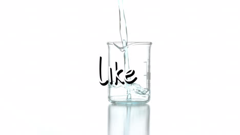 Animation-of-like-text-over-beaker-with-liquid-on-white-background