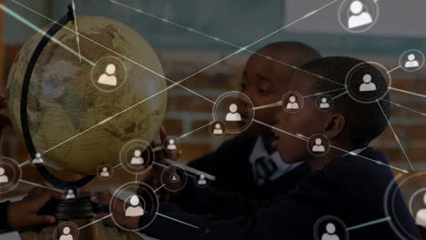 Animation-of-network-of-connections-over-african-american-school-children-with-globe