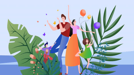 Animation-of-family-with-balloons-and-leaves-during-party-on-blue-background