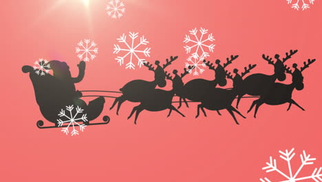 Animation-Von-Weihnachtsschneeflocken,-Die-über-Den-Weihnachtsmann-Mit-Rentieren-Auf-Rotem-Hintergrund-Fallen